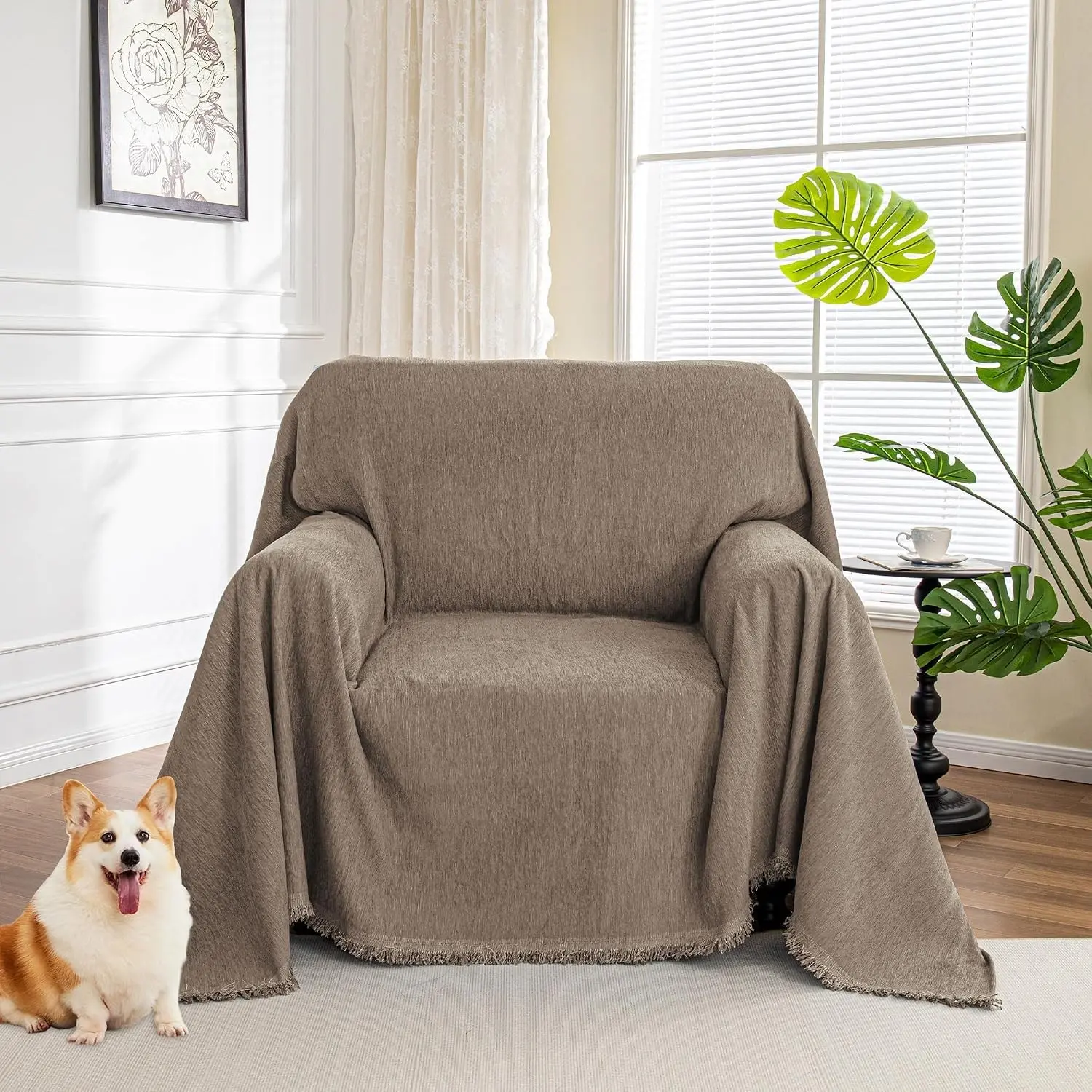 Chair Couch Cover Sectional Couch Covers for Pet Sofa Covers Non Slip Soft Couch Sofa Cover, Washable Furniture Protector Sofa Slipcover with Tassel Sofa Throws Living Room, 71"x91", Sand