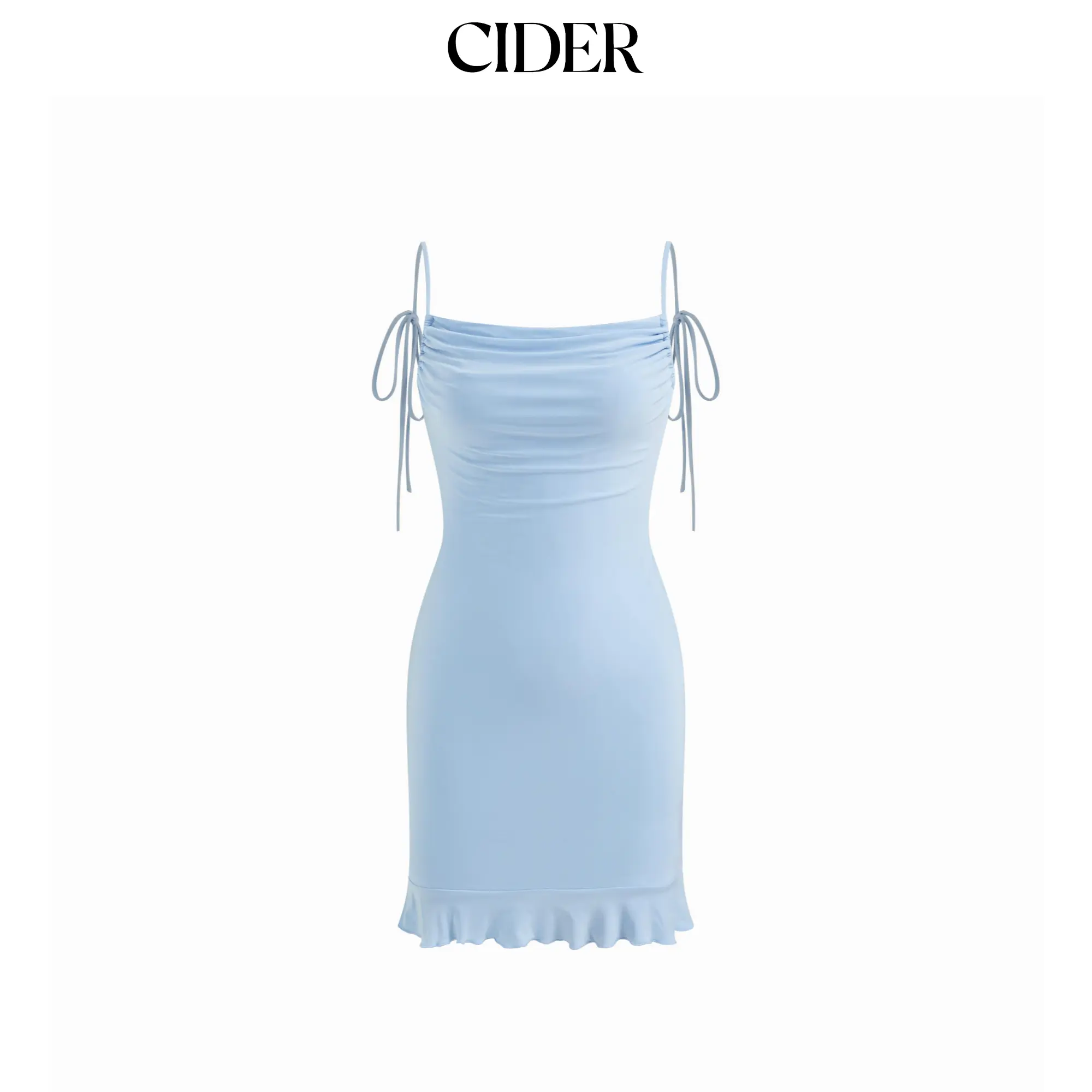 Cider Cowl Neck Backless Ruched Knotted Ruffle Hem Mini Slip Dress SohoChic