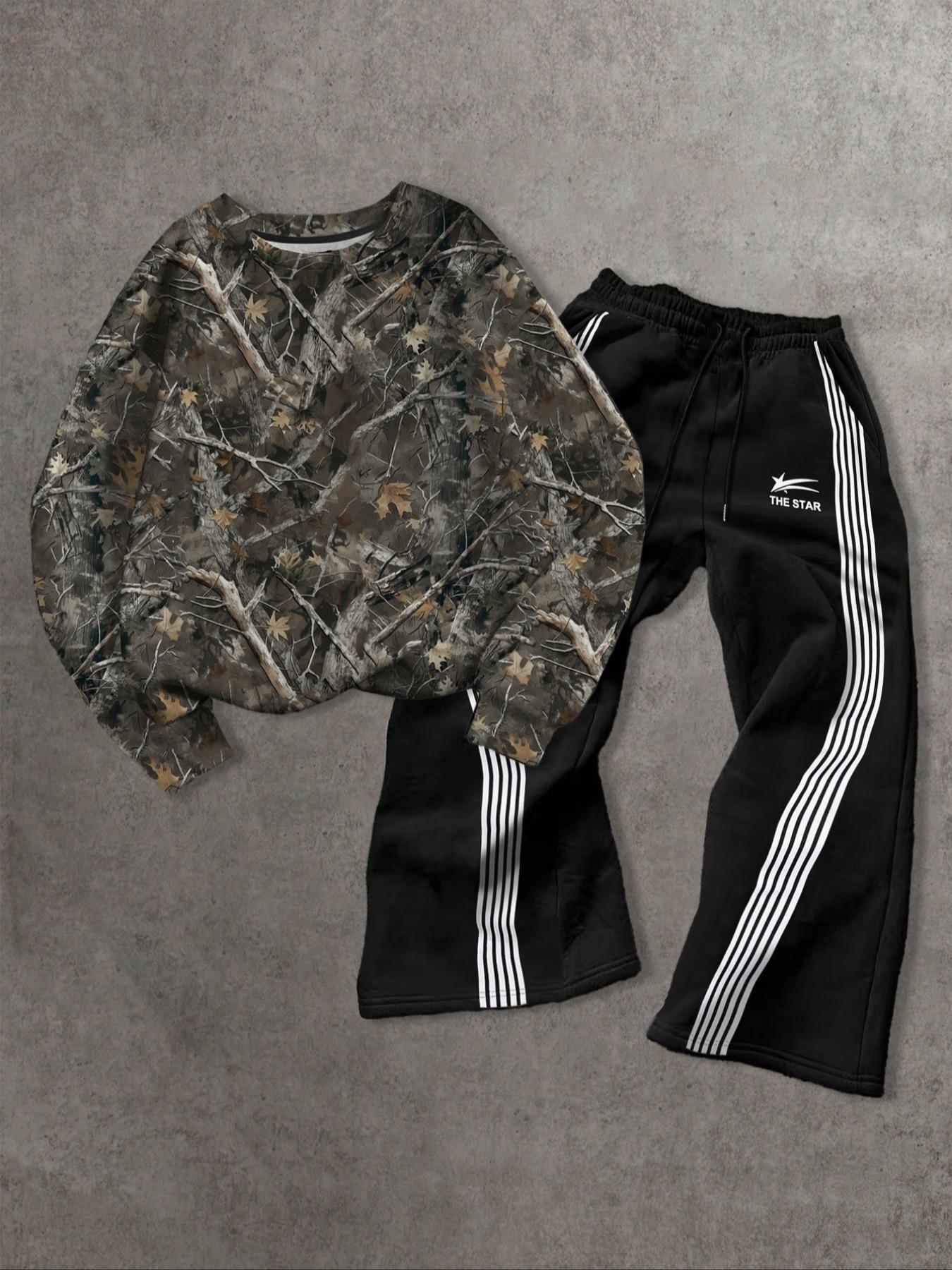 Two-piece Set Men's Branch Print Drop Shoulder Sweatshirt & Striped Print Wide Leg Pants, Regular Fit Casual Fashion Cozy Round Neck Long Sleeve Pullover & Elastic Waist Trousers for Daily Wear, Men's Outfits for Fall & Winter