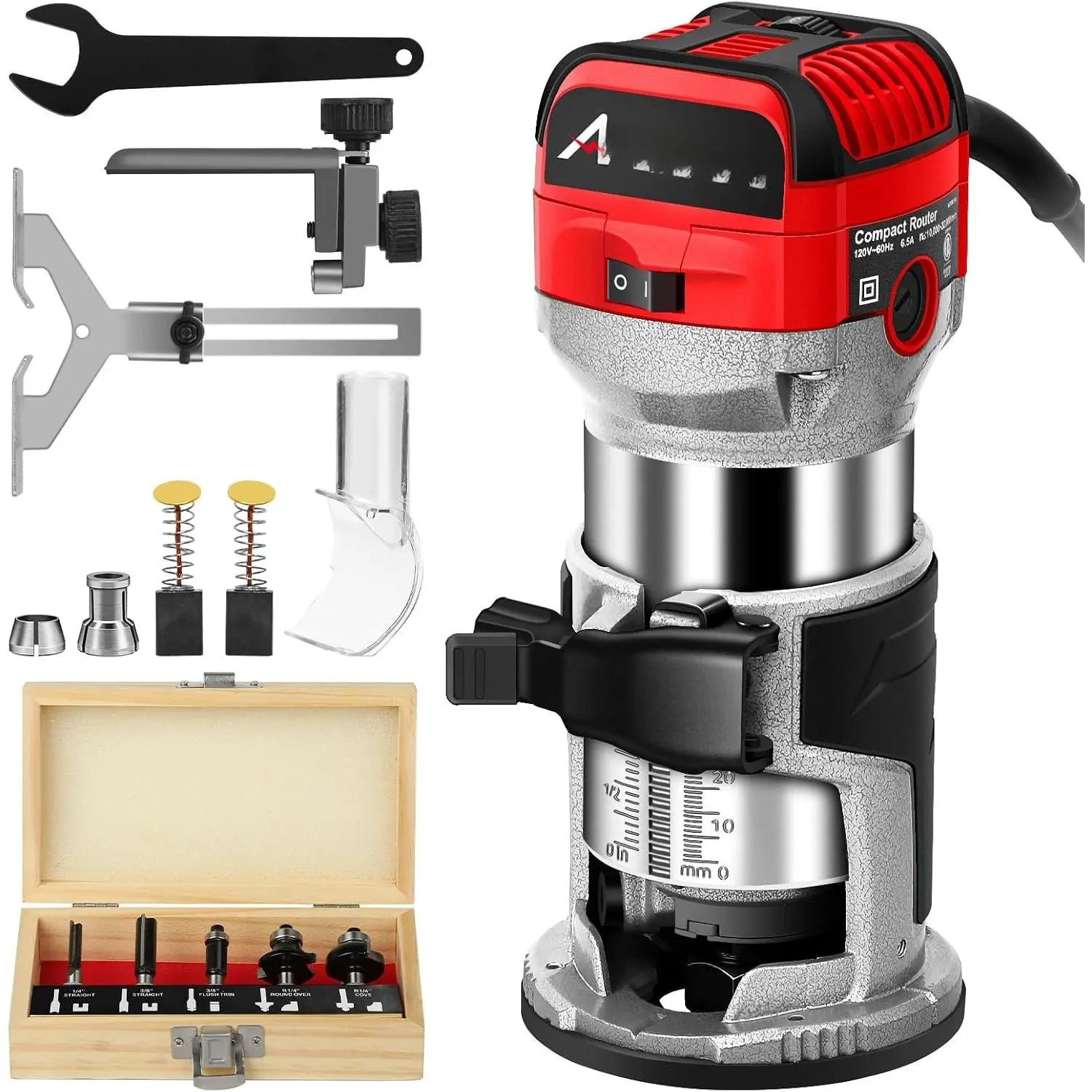 6.5 Amp 1.25  Compact Router Tools for Woodworking, Fixed Base  Router with Trim Router Bits, 6 Variable Speeds,  Guide, Roller Guide, Dust  (Red, 65mm)