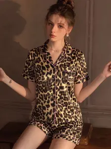 Women's Leopard Print Casual Pajama Set, Short Sleeve Top + Shorts, Spring Summer Fashion, Comfortable Home Wear Loungewear