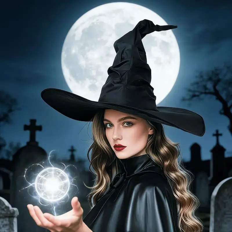 Witch Hat with Lace Velvet and Lace Trim, 69 Moon Pendant, Perfect for Halloween Costume, Masquerade Cosplay, Party Accessory