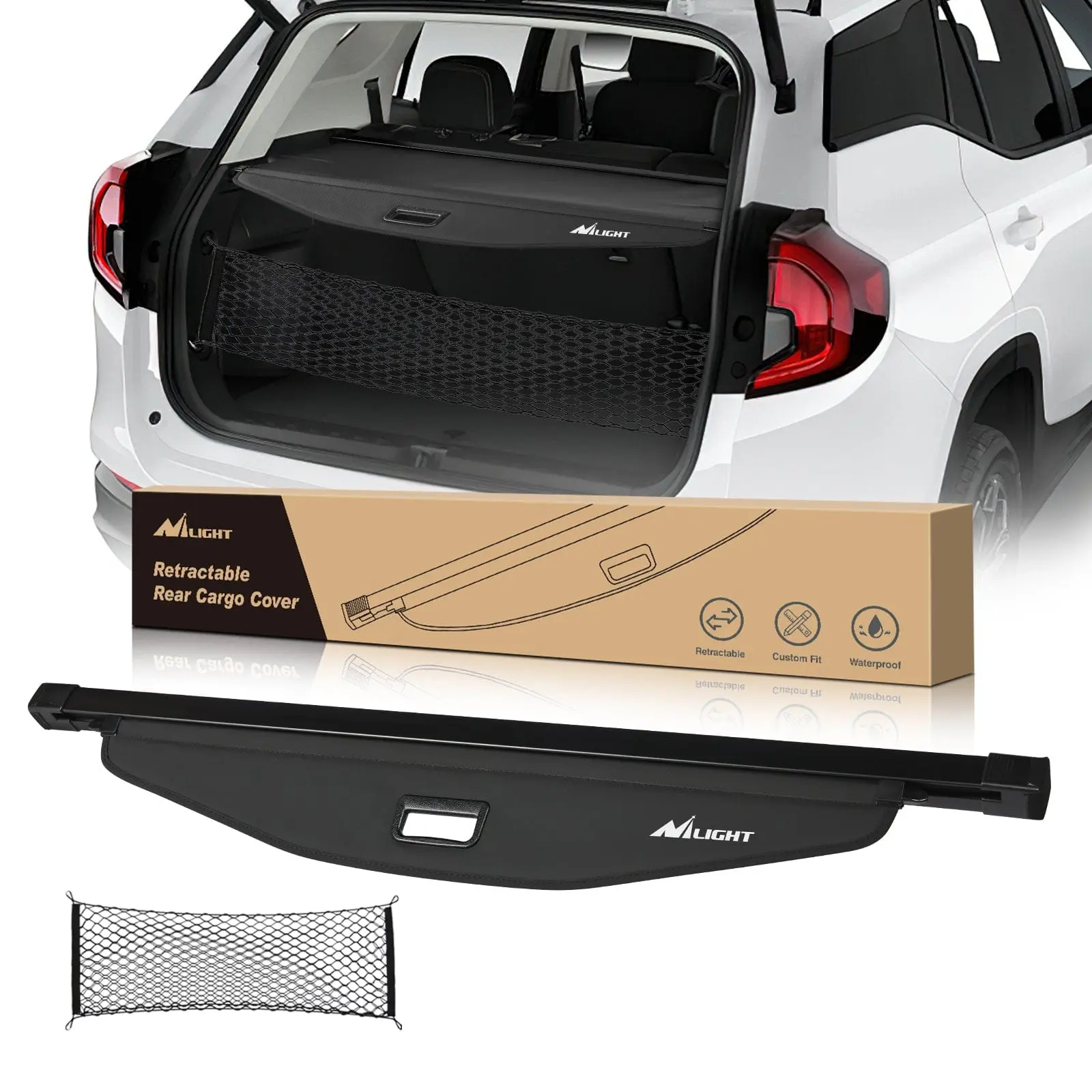 Nilight Custom Fit Fabric Retractable Trunk Cargo Cover with Storage Net for 2018-2024 Chevy Equinox, GMC Terrain - Thief Deterrent, Water Resistant, Durable Quality, Snap Install, Organize, Dirt-Resistant, Scratch-Proof Car Interior, Cargo Protection, Ea