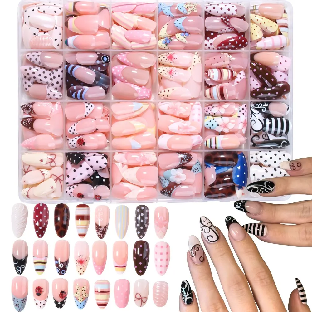 624pcs Almond Press-On Nails Set, French Style, Polka Dot, Striped, Ladybug Design, Acrylic, Summer Nail Art, 24 Mixed Styles, Fake Nails