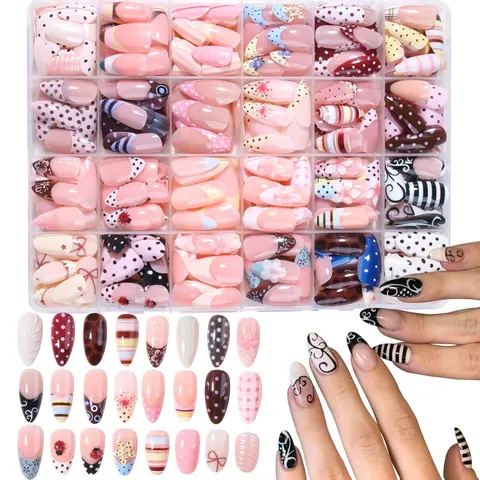 624pcs Almond Press-On Nails Set, French Style, Polka Dot, Striped, Ladybug Design, Acrylic, Summer Nail Art, 24 Mixed Styles, Fake Nails
