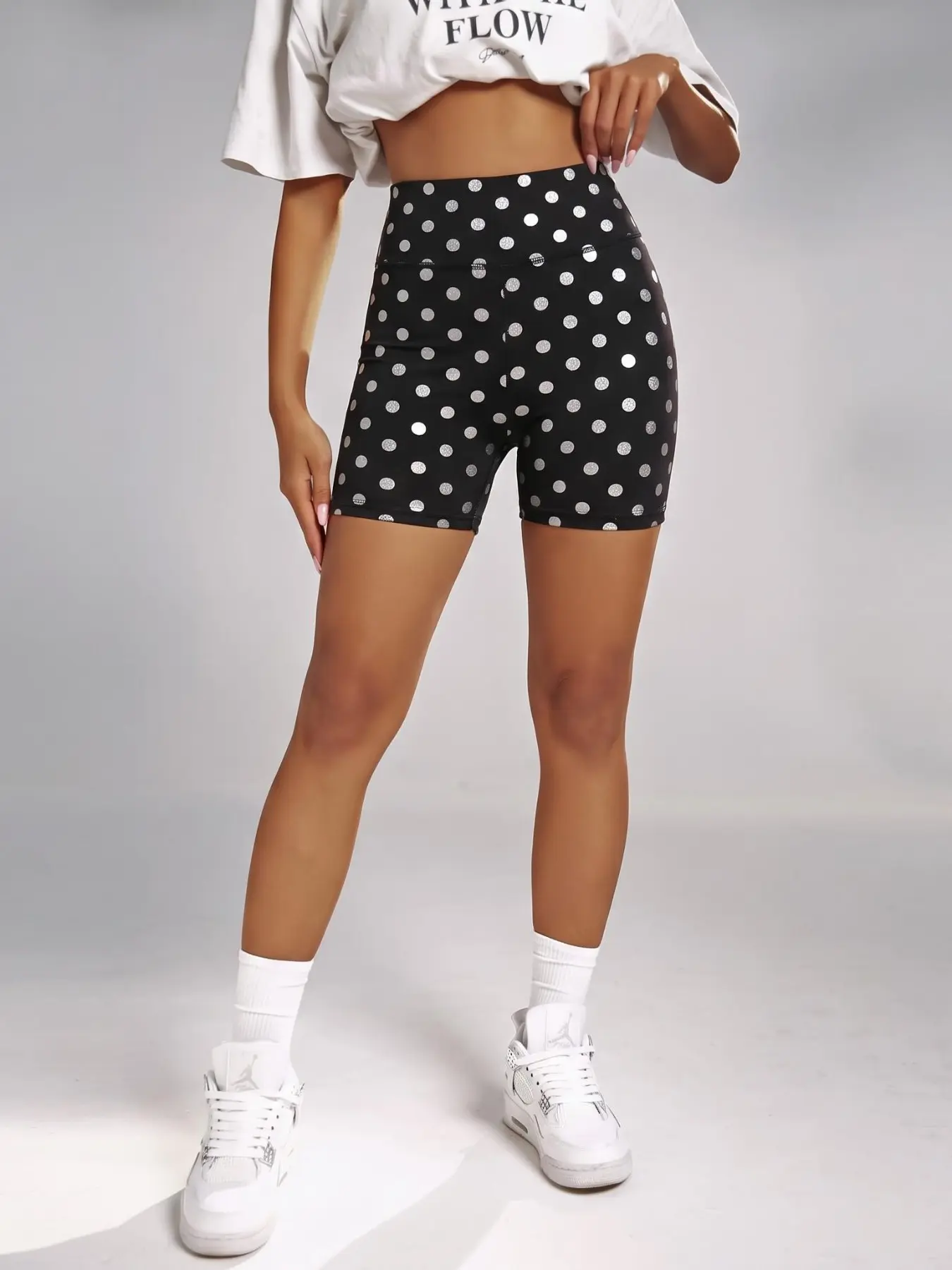 Y2K Polka Dot High-Waisted Cycling Shorts, Silver Color Glitter, Y-Shape Butt Lifting Cut, Yoga Pants, Sporty Fitted Style  Polka Dot Biker Shorts | High Waisted Booty Contour Silver Dot 4-Way Stretch