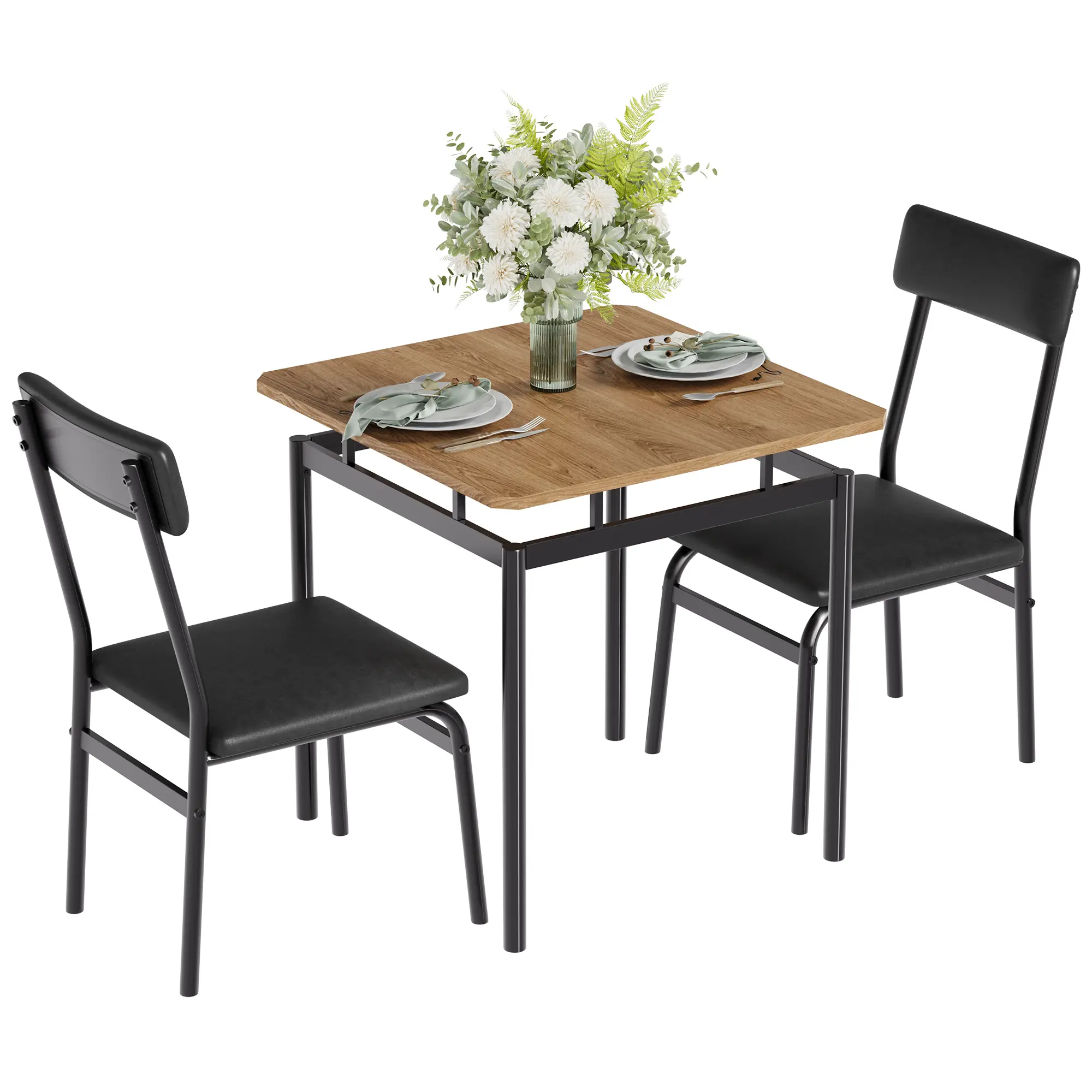 3 Piece Dining Table Set, Wooden Kitchen Table with 2 PU Upholstered Chairs, Industrial Metal Frame Dinette Set