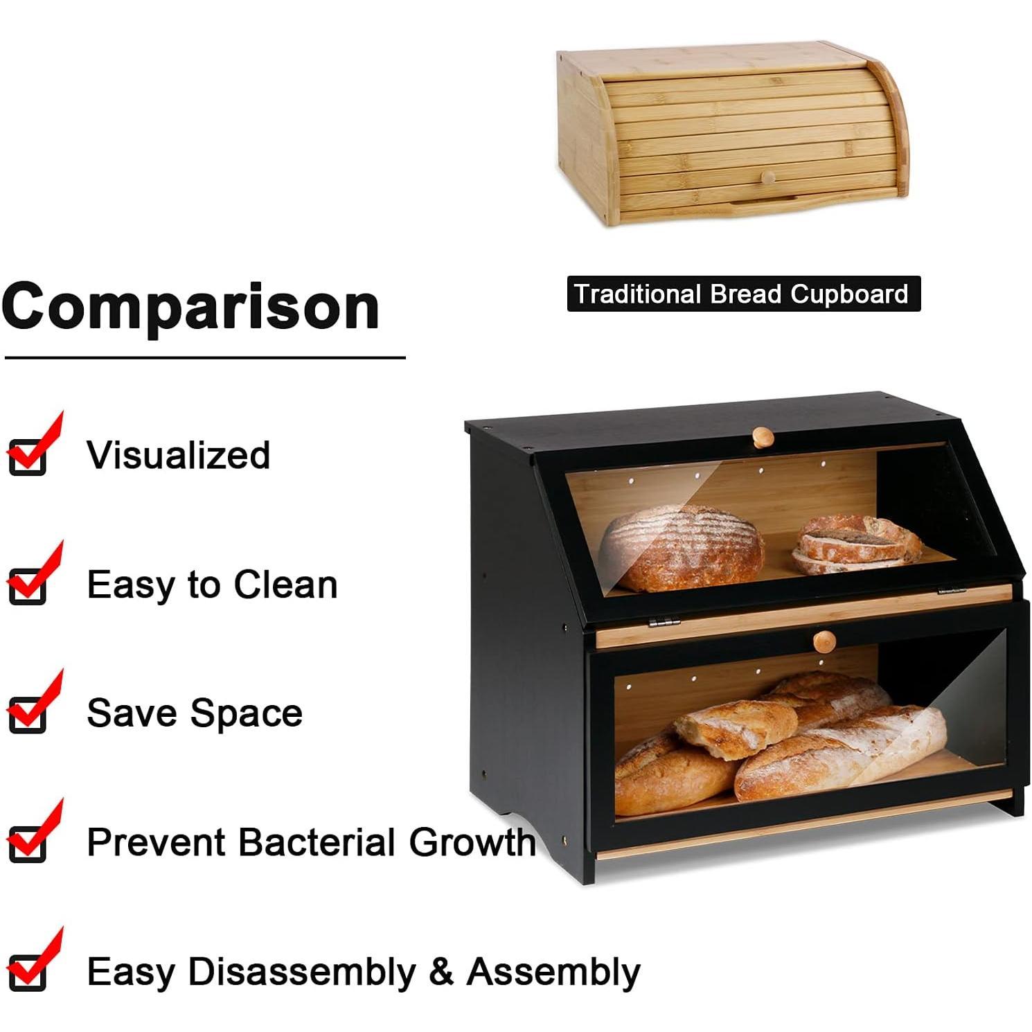 Double Layer Large Bread Box for Kitchen Counter, Wooden Large Capacity Bread Storage Bin (Black) Double Layer Large Bread Box for Kitchen Counter, Wooden Large Capacity Bread Storage Bin (Black)