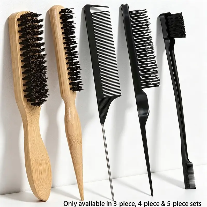 3/4/5‑Piece Boar Bristle Hair Brush Set, Unisex Hair Styling Tool Kit, Flyaways Tamer for Men Women, Backcombing Teasing Brush for Sleek Voluminous Hairstyle, Anti‑Frizz Hair Comb for Curly & Normal Hair, Fragrance‑Free Hair Grooming Kit