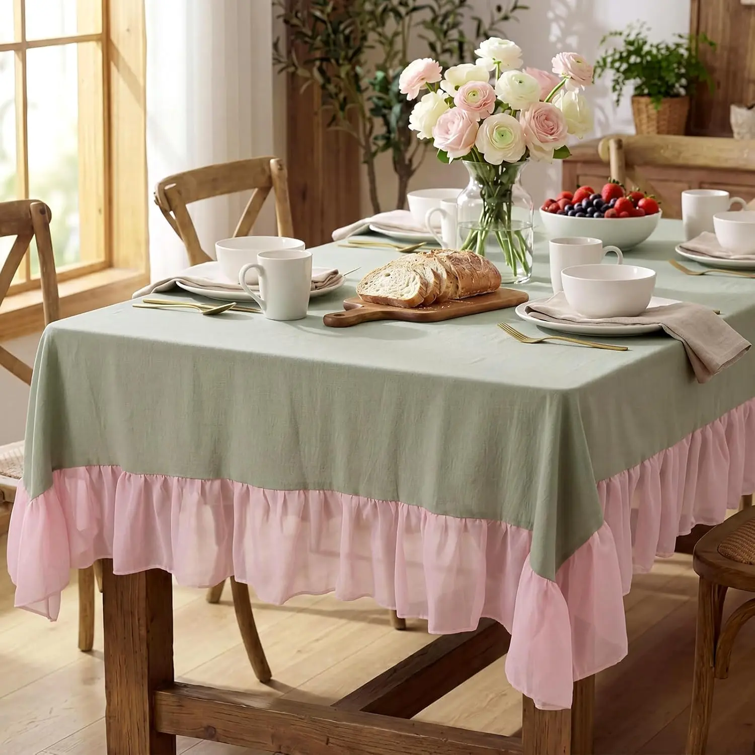 Breling 60 x 120 Inch Sage Green Ruffle Tablecloth Farmhouse Rustic Rectangle Cotton Mesh Ruffle Trim Table Cloth Vintage Decorative Table Cover for Kitchen Dinning Wedding Decoration