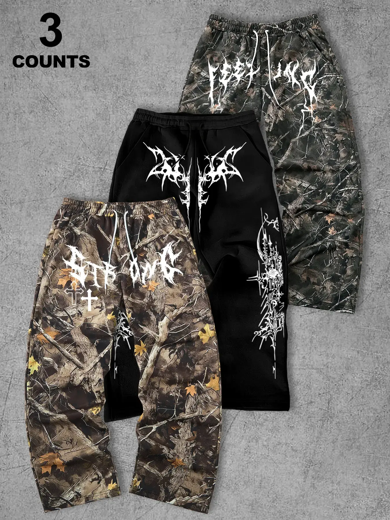 Men's Street Style Camo Print Straight Leg Pants, Loose Fit Summer Fashion, Vintage Hip Hop, Pack of 3, Tree Branch Design#3PackCamoPants #TreeCamouflage #OrientalStreetwear #MensThreePiece #HuntingOutfit#MensFashion #DrawstringPants #WideLegTrousers