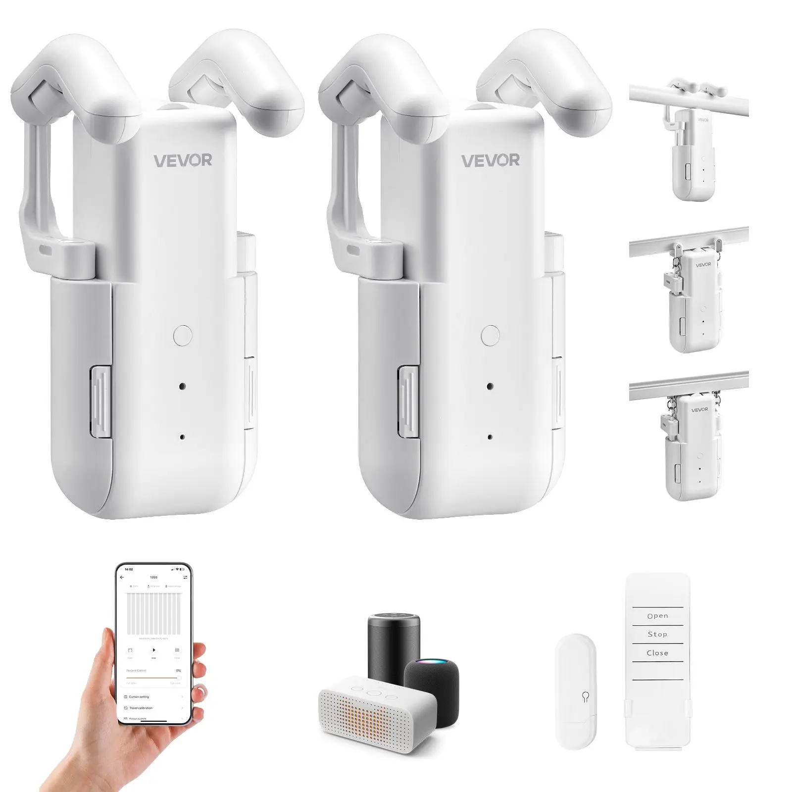 VEVOR 2-Pack Automatic Smart Curtain Opener with Hub, APP & Remote Control, Voice Control Compatible with Alexa & Google Home, Timed Opening/Closing, Customised for Roman Rods, U/I Rails, Living Rooms, Bedrooms, Roman Rod, Automatic Curtain Opener