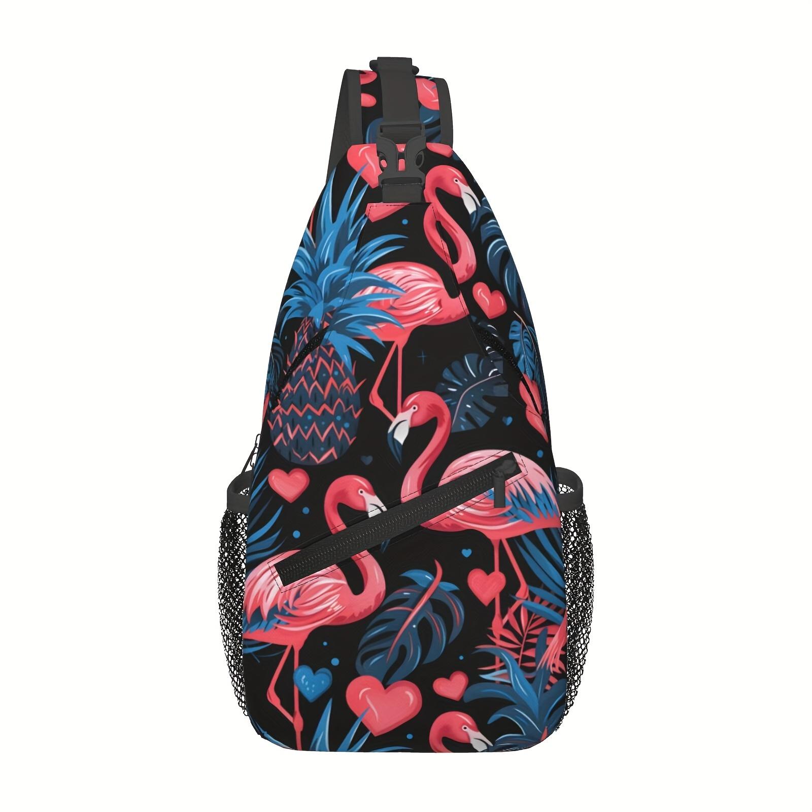 A Versatile Crossbody Chest Bag Designed for Hiking, Featuring a Stylish Palm-Leaf Flamingo Pattern. This Folding Backpack Offers Ample Storage And Durability, Making It Suitable for Shopping, Work, Leisure Travel, Beach Outings, Fishing