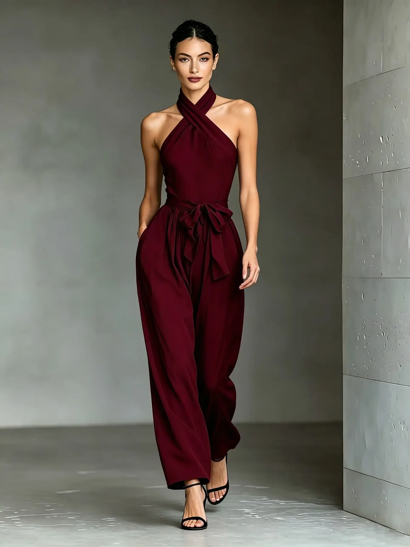 D4792 Minimal Soft Life Athleisure Jumpsuit, Wrap Front Halter Neck, Customizable Belt Waist, Flowy Wide Leg With Hidden Pockets, Quiet Luxury Staple for Everyday Wear.