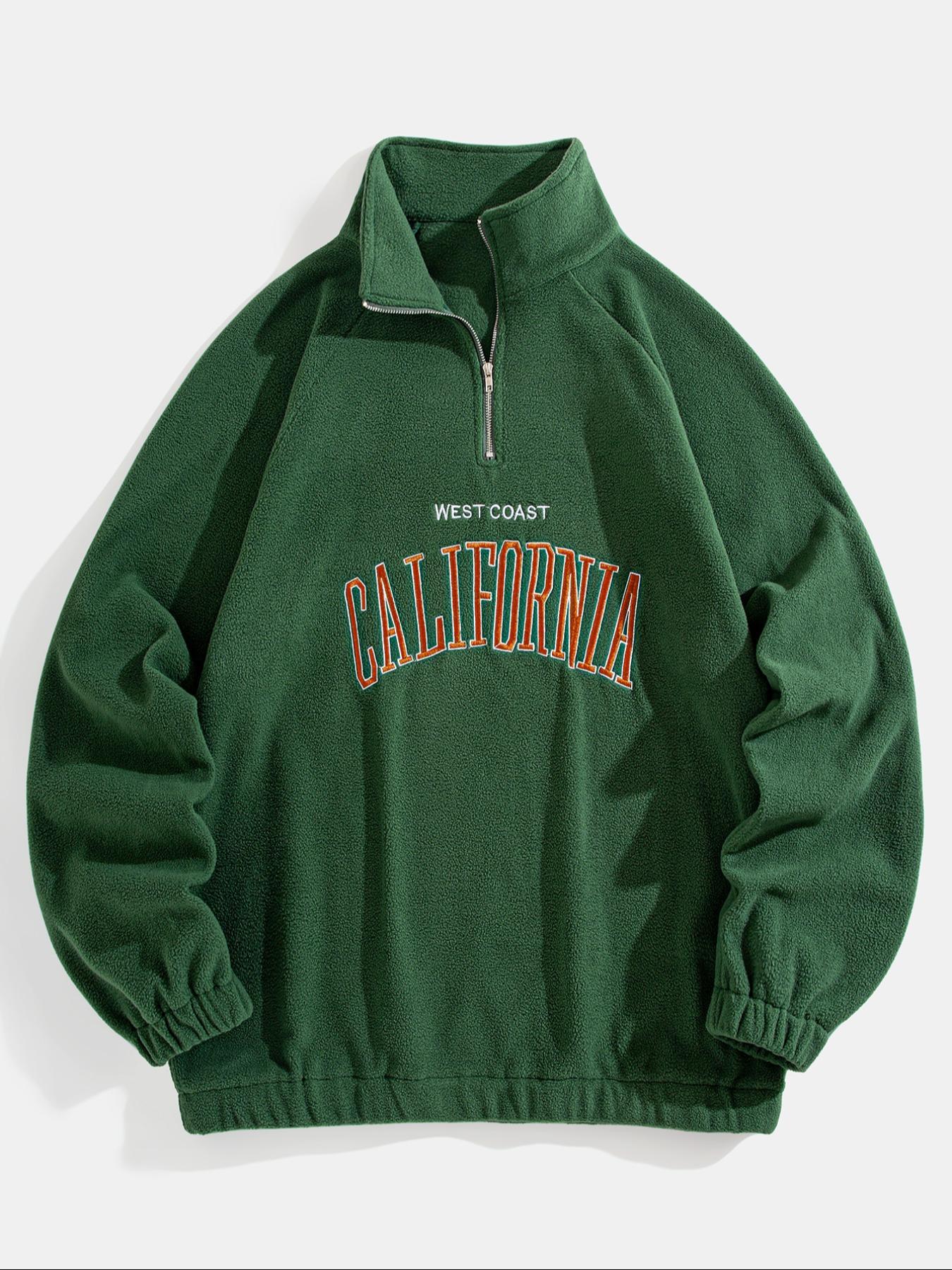 Men's Letter Embroidery Polar Fleece Quarter Zip Sweatshirt, Casual Regular Fit Raglan Sleeve Stand Collar Pullover for Fall & Winter, Fashion Men's Clothes for Daily Wear, Long Sleeve, Menswear