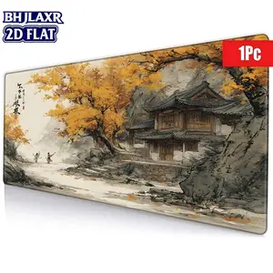 1Pc 2D Flat XXL Gaming Traditional East Asian Ink Wash Autumn Landscape Mouse Pad, HD Digital Printing, Non-Slip Rubber Base, Stitched Edges, Serene Golden Foliage And Misty Mountain Desk Mat, Home Office Mouse Pad For Laptop Computer Desktop Decor