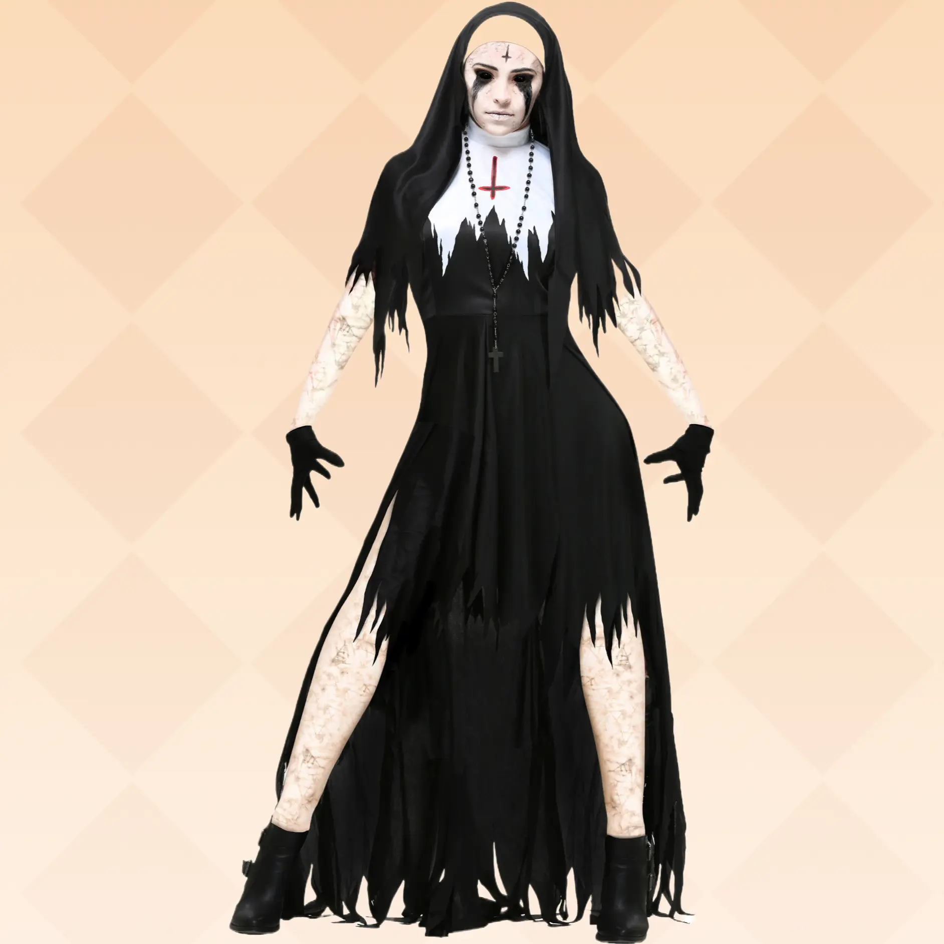 S-XXXL Evil Vampire Nun Robe Female Cosplay Outfit Halloween Witch Themed Performance Costume