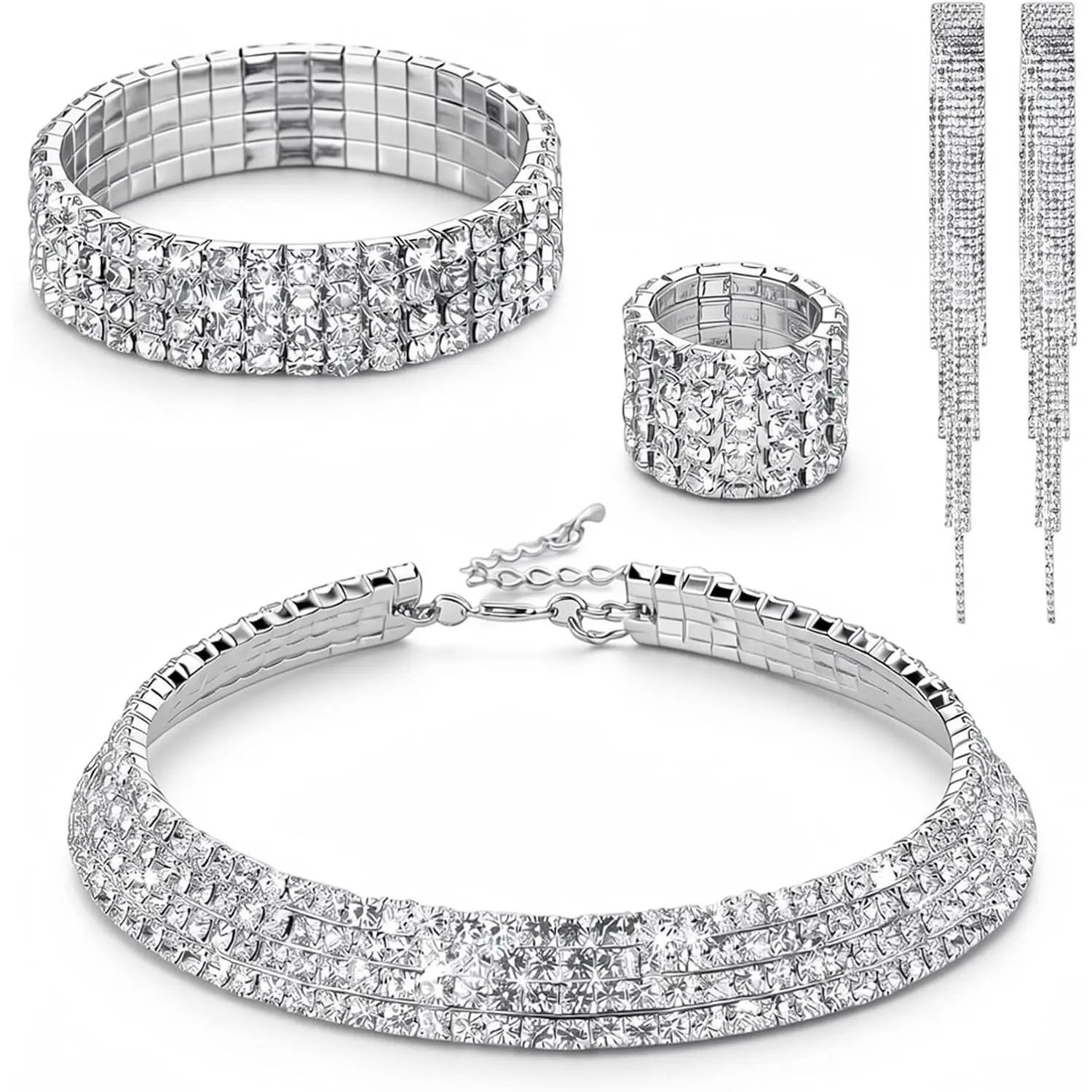 Rhinestone  Set Wedding  Sets  and Necklace Set | for Women, Choker Bracelet Ring Earrings, Elegant Prom  Set, for Brides, Bridesmaids, Wedding Prom Party