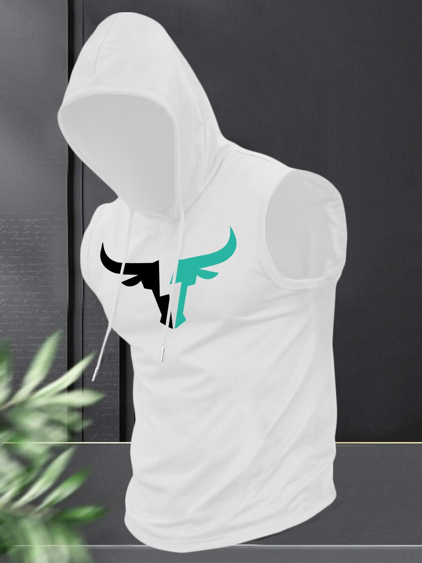 Men's Regular Fit Cartoon Bull Head Print Hooded Tank Top, Casual Fashion Sleeveless Top for Summer, Men's Clothes for Daily Wear, Sweatshirts