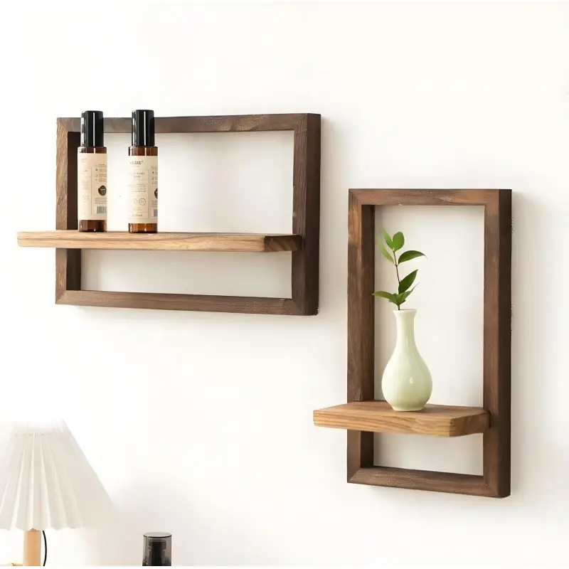 Set of 2 Floating Shelves with Frame Design, Rustic Wood Wall Mounted Display Shelves in 2 Sizes, Decorative Storage Organizer Shelves for Living Room, Bedroom, Bathroom, Kitchen, Wooden Shelf For Wall. (Brown)