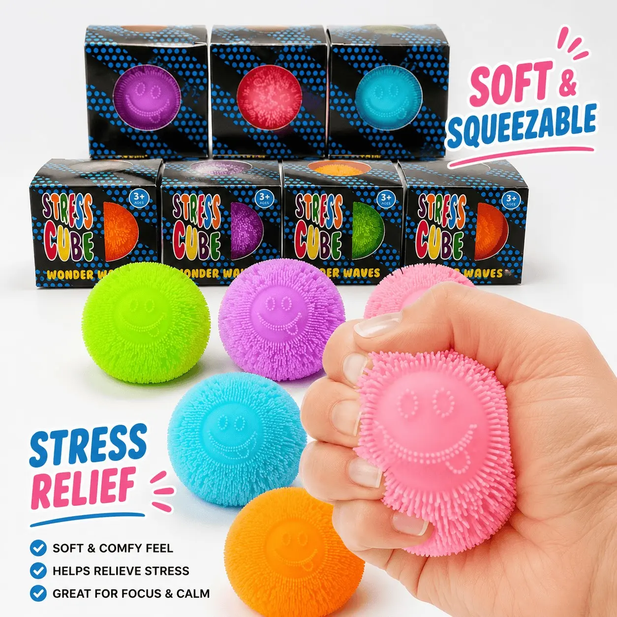 Spiky Happy Face Squishy Ball, Soft TPR Flour-Filled Squeeze Fidget Toy, Textured Sensory Desk Toy, Stress Reliever, 5 Colors, 1 or 5 Pack