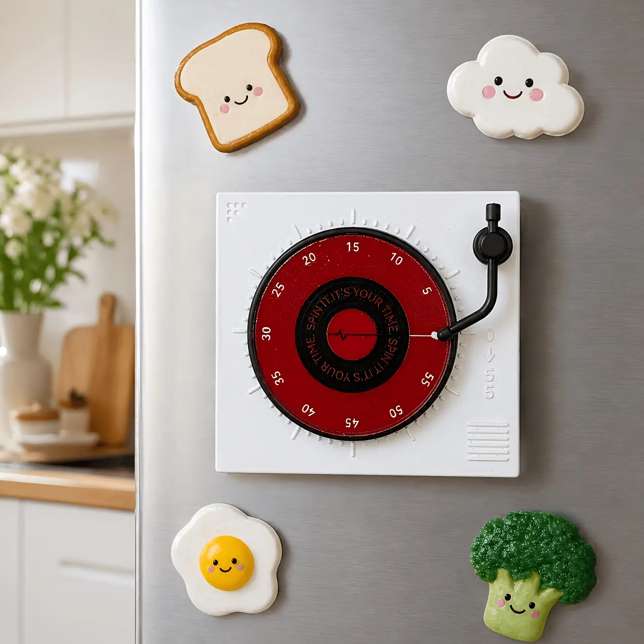 1 Pack Vinyl Record Player Shaped Kitchen Timer, Magnetic Battery-Free Mechanical Manual 60-Minute Visual Countdown Timer with Loud Alarm, Time Management Clock for Cooking Baking Beauty Office Study