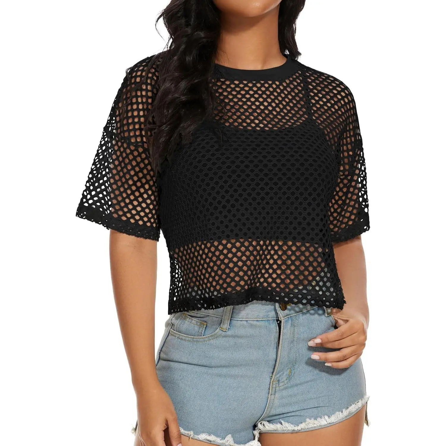 Lady's Lightweight Basic Mesh Fishnet Tank Top - Short-Sleeve, See-Through Sheer Cover Up for Workout