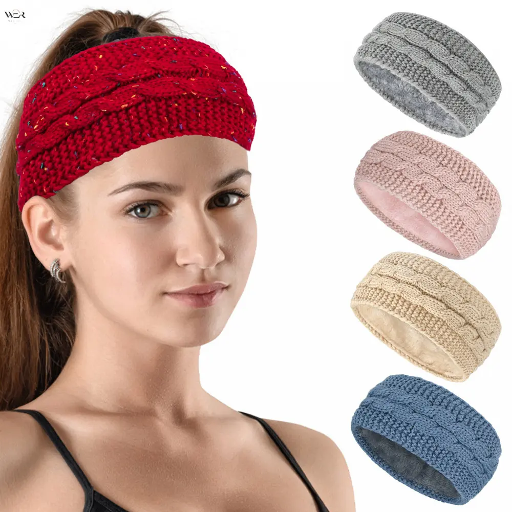 15 Colors Fleece Lined Cable Knit Wide Headband Winter Warm Thick Twist Knitted Ear Warmer Sports Yoga Running Hair Wrap Women Cold Weather Thermal Hair Accessory