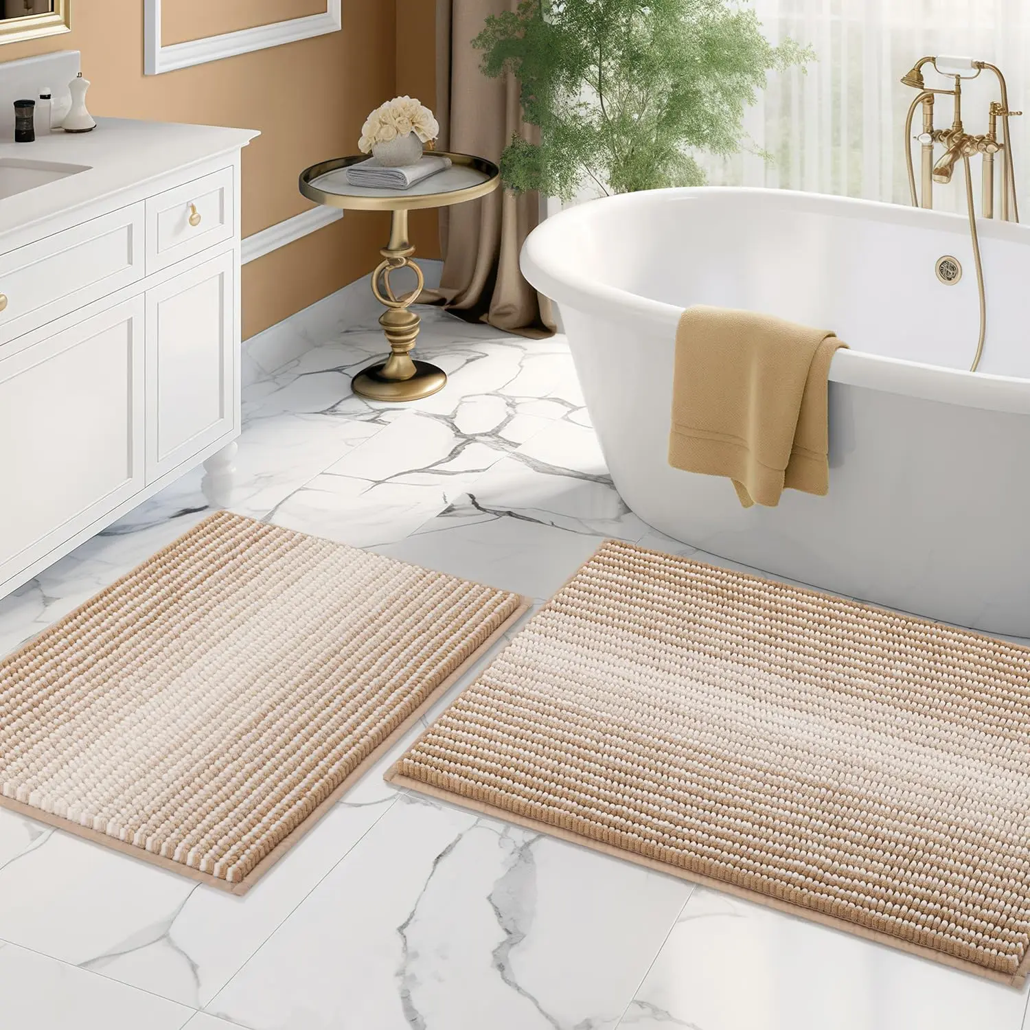 Bathroom Rugs and Mats Sets, 2 Piece Thick Absorbent Chenille Bath Mat Rug Set Non Slip, Soft Shaggy Bath Room Floor Mats for Bathroom, Machine Washable (20" x 32" Plus 16" x 24", Beige)