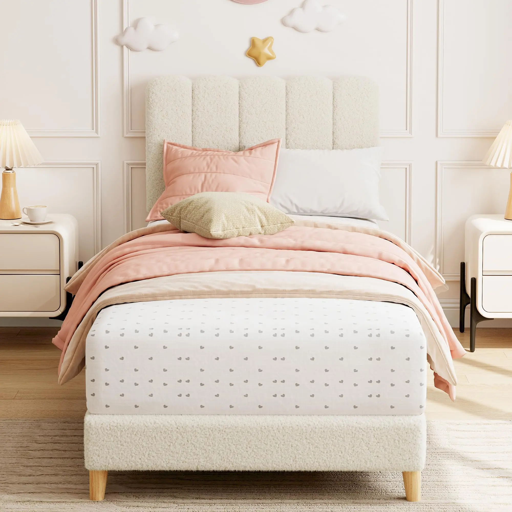 Garvee - XL Double Bed Frame, Upholstered Bed with Wavy Headboard for Girls/Boys, Easy Assembly, Wooden Slat Support, No Box Spring Needed, Beige Color