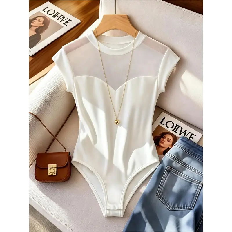 Round neck with mesh splicing at the neckline - summer women's one-piece dresses, Fitted, Slim Fitting Bodysuit, for graduation, vacation, leisure and Casual, Basic white bodysuits, Solid Bodysuit, Crew neck bodysuits, Womenswear