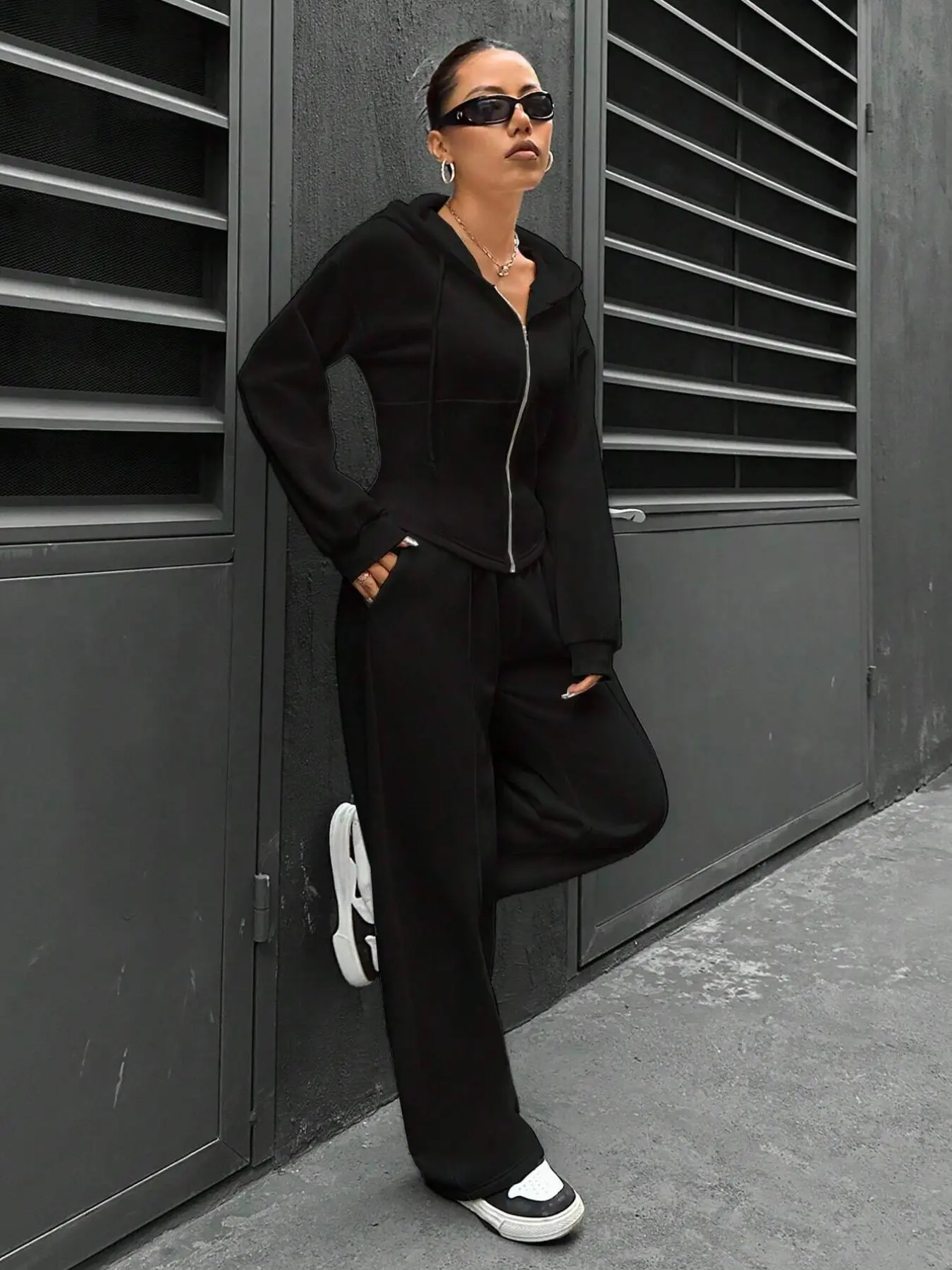 Women's Slim Fit Waist Full Zip Long Sleeve Hoodie + Wide Leg Sweatpants Set, Casual Two-Piece, Comfortable and Stylish Streetwear