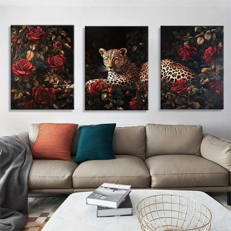 2D canvas, 3 pieces < Leopard in the Red Rose Garden > --Modern decorative art style wildlife canvas painting, brightly colored jungle animal artwork, suitable for living room, bedroom, study--Natural style home decor painting,