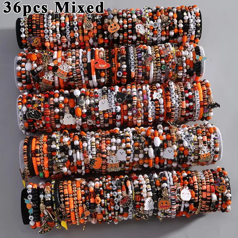 36pcs Random Halloween Bracelets Bulk, Including Gothic Witches, Bats, And Striped Charms. These Elastic Band Bracelets Come in a Variety of Spooky Colors Like Orange, Black, And White, Perfect for Stacking