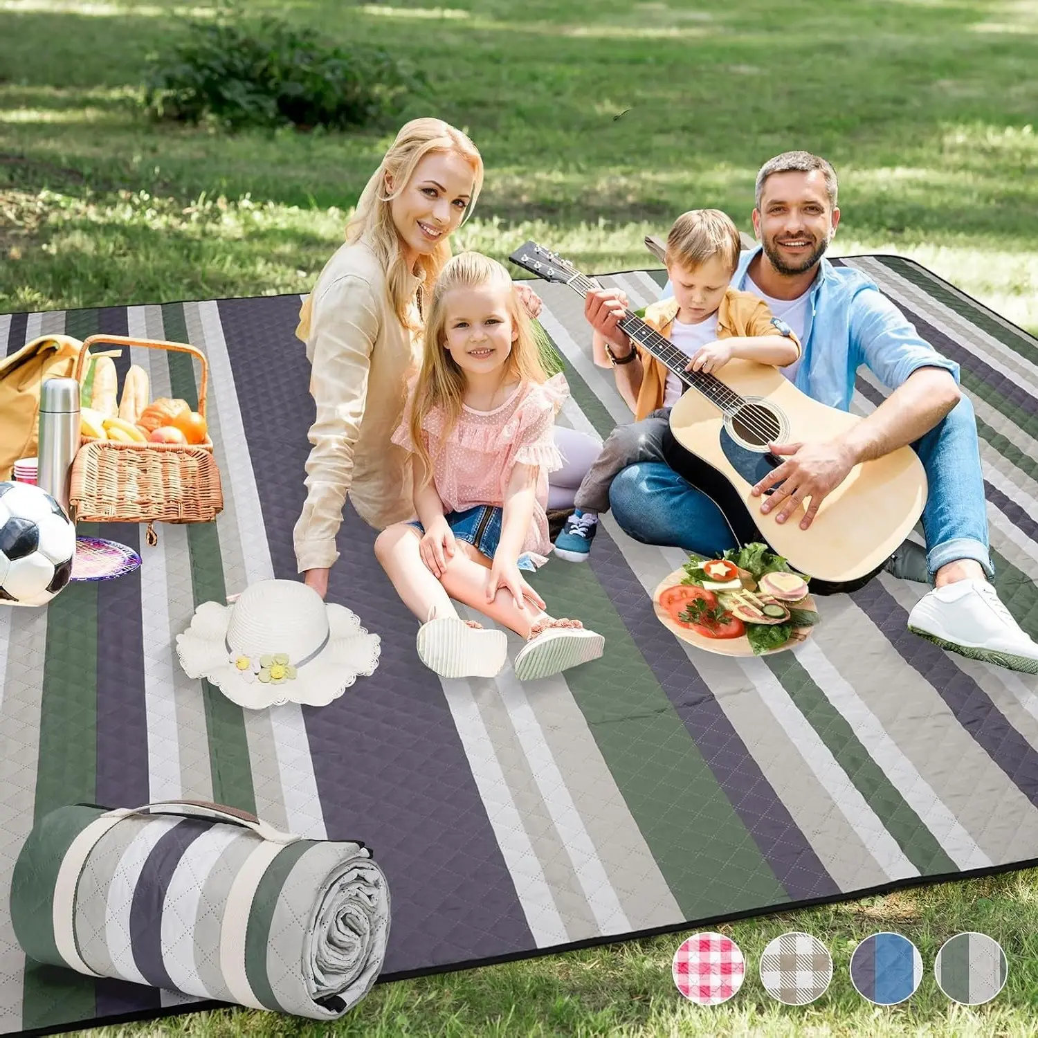 Extra Large 80"x80" Outdoor Picnic Blanket - Portable Waterproof 3-Layer Foldable Picnic Mat with Sandproof Backing, Machine Washable for Grass, Park, Hiking, Concerts (GreenStrip)Gift