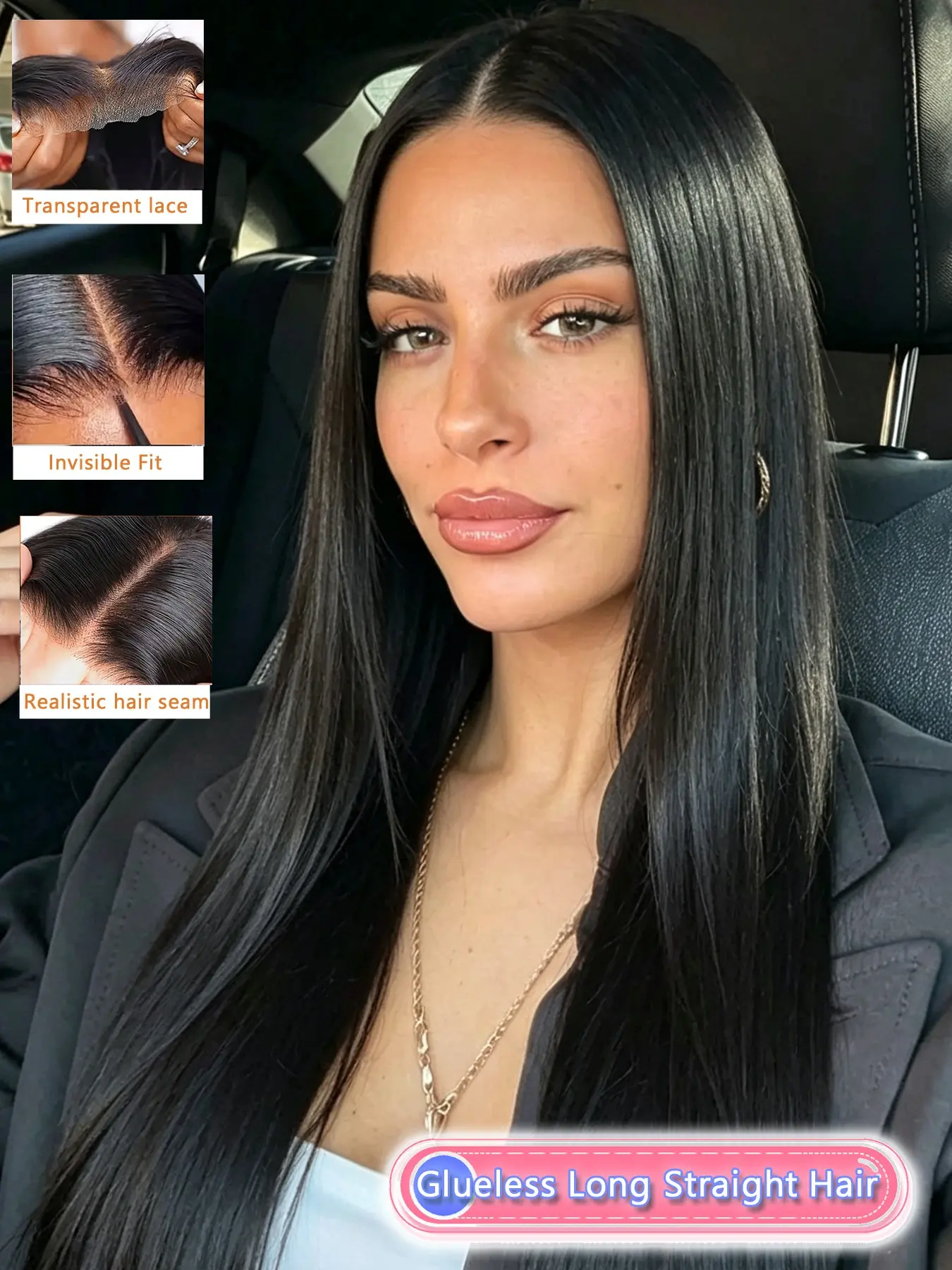 Black Human Hair Straight Wig, Long Sleek Straight Style with 5x5 Glueless Lace Closure, Natural Parting Design, Smooth Flowing Texture, Realistic Hair Appearance, Adjustable Lightweight Cap for Women’s Everyday Styling