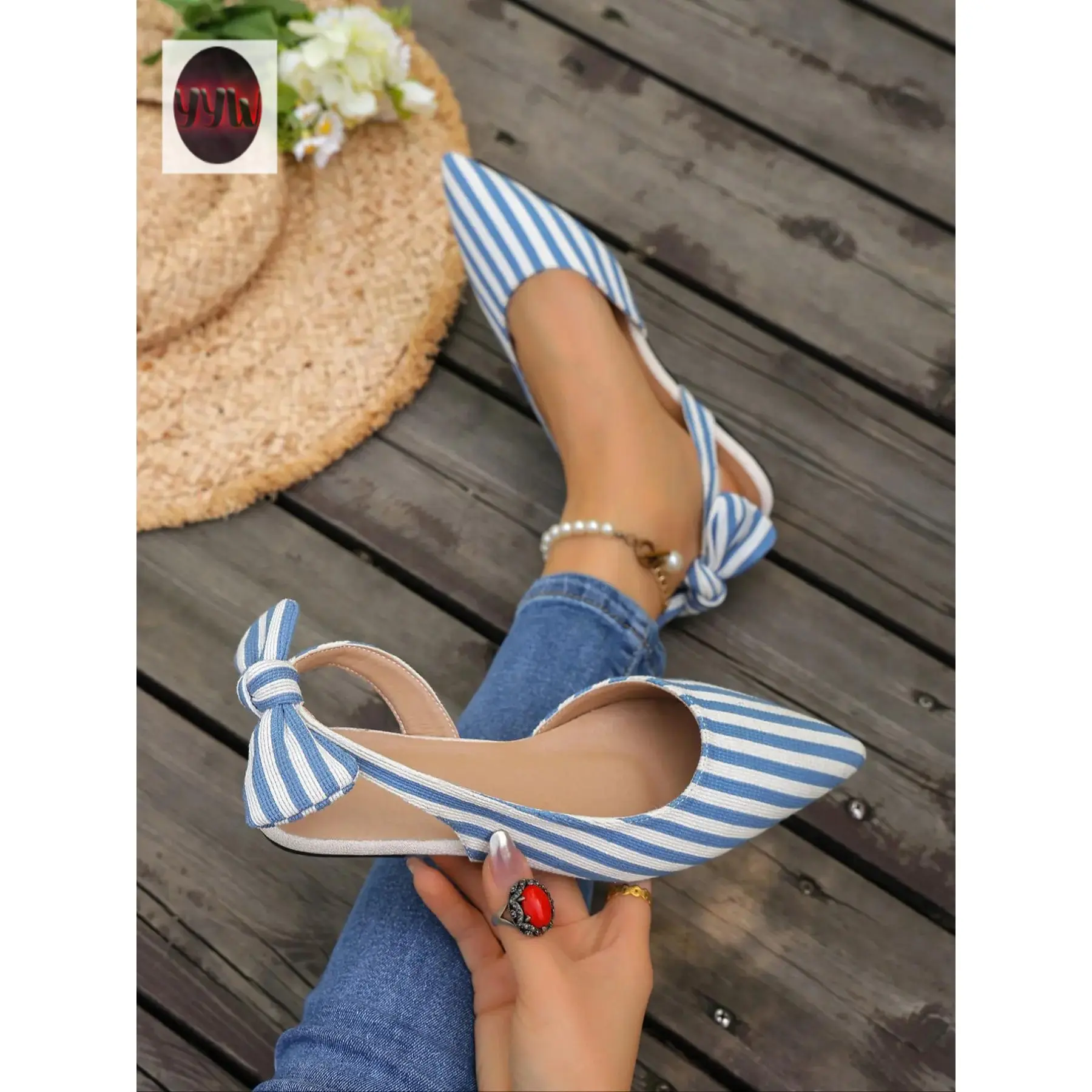 YYW1 Women's Striped Pointed Toe Slingback Flats, Elegant Fashion Shoes, Bow Decor Backless Design#SlingbackFlats#StripedPattern#BowDecor#WomensFootwear