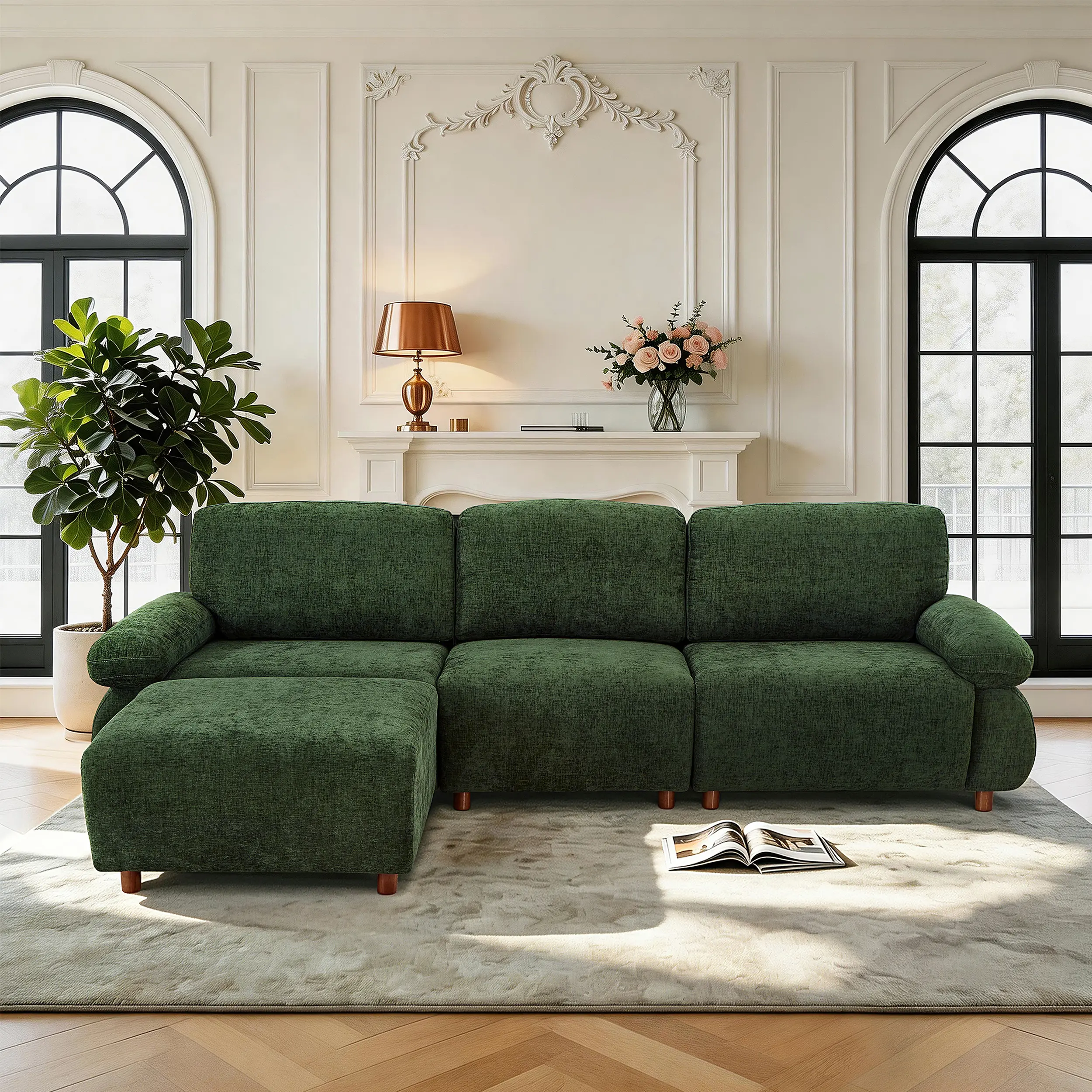 ARCH Modern 111" L-Shape 3-Seat Chenille Upholstered Modular Sectional Sofa with Removable Ottoman, Solid Wood Frame, High-Density Foam, Easy Assembly, Dark Green Indoor Living Room Furniture, Three Seats