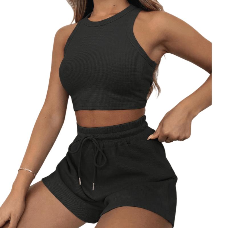 Women's 2-Piece Waffle Knit Lounge Set - Crop Tank Top & Drawstring Shorts Outfit
