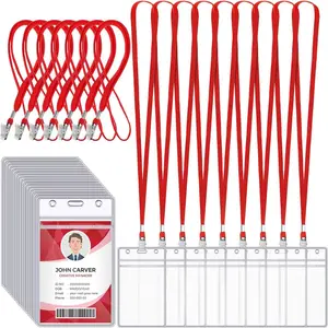 50 count Name Tag Lanyards with ID Holder Lanyards for ID Badges Resealable Flat  Name Tag with Clip  Plastic Clear Badges Bulk for School Office Supplies (Red)