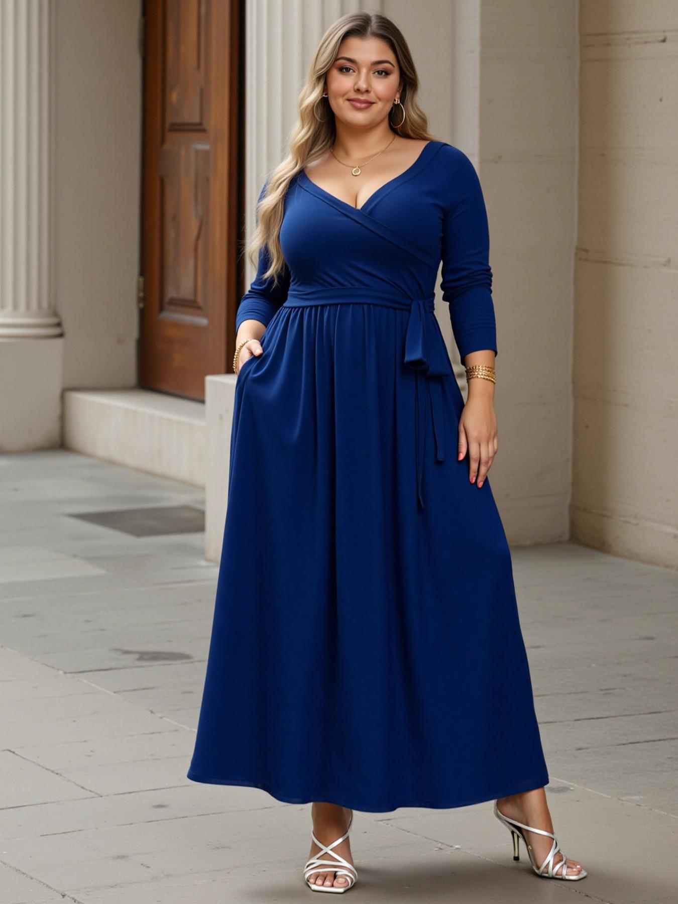 Women's V Neck Stretchy Casual Long Plus Size Dress, Perfect for Bridesmaids, Vintage Style Wedding & Party Wear, Comfortable All-Day Fabric