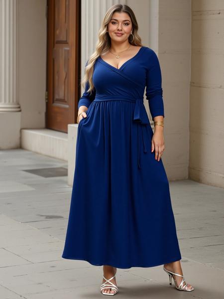 Women's V Neck Stretchy Casual Long Plus Size Dress, Perfect for Bridesmaids, Vintage Style Wedding & Party Wear, Comfortable All-Day Fabric