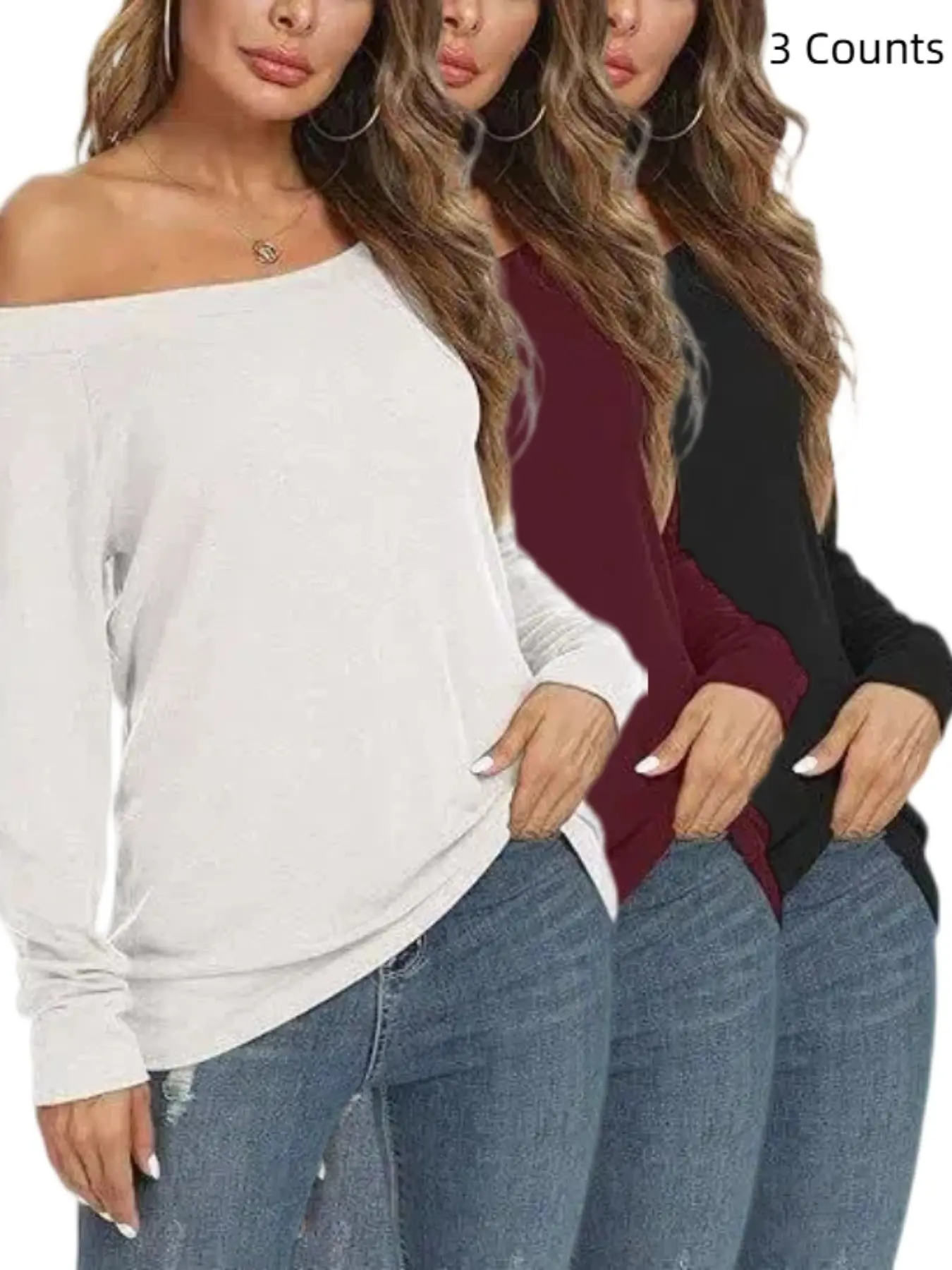 Women  1/3 Piece Women Off‑Shoulder Knit Sweater, Solid Color Loose Fit Long Sleeve Casual Knit Top For Daily Outfit Knitwear