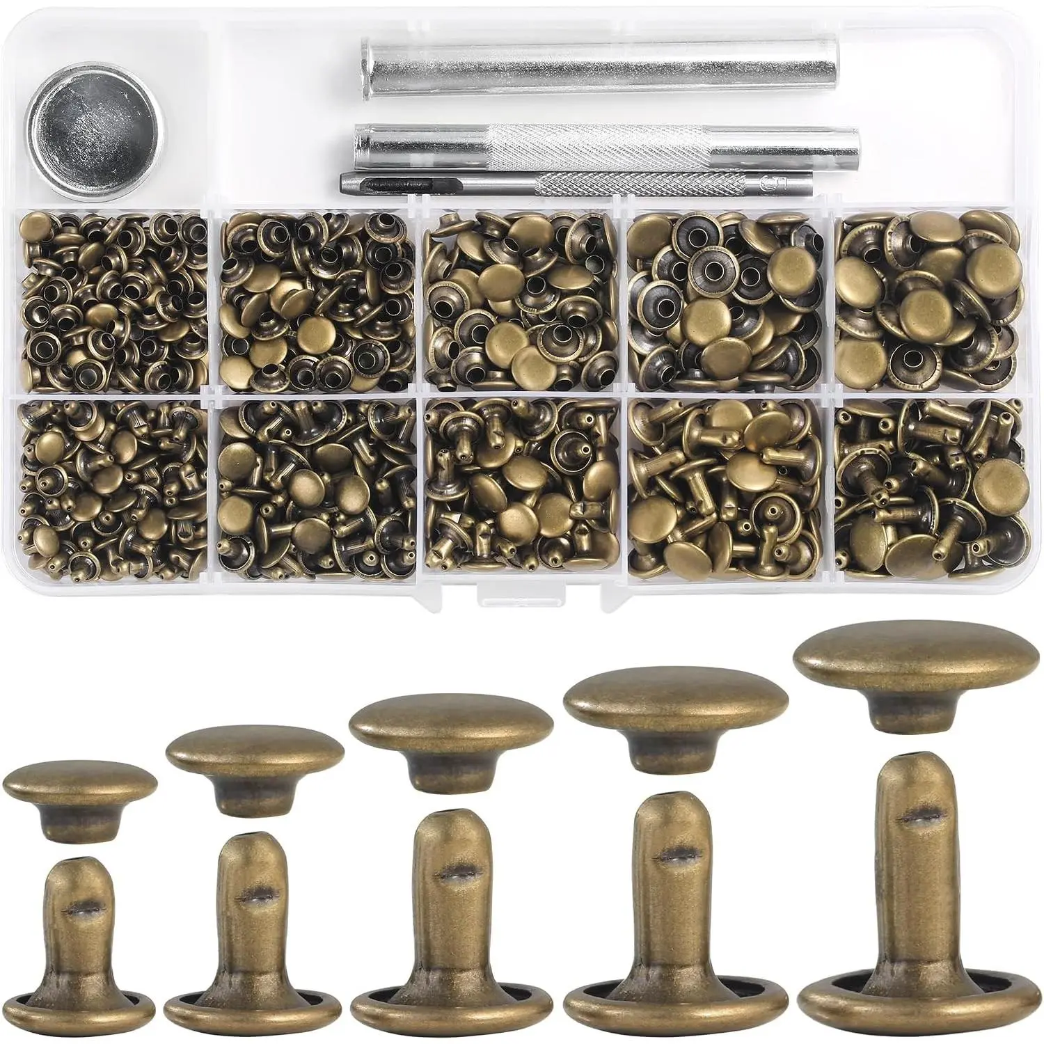 340 Sets Leather Rivets Kit Mixed Sizes Double Cap Rivets Studs for Leather Clothing Fabric, with Rivet Tool for Repair Decoration of Clothes Shoes Bags Belts (Bronze)