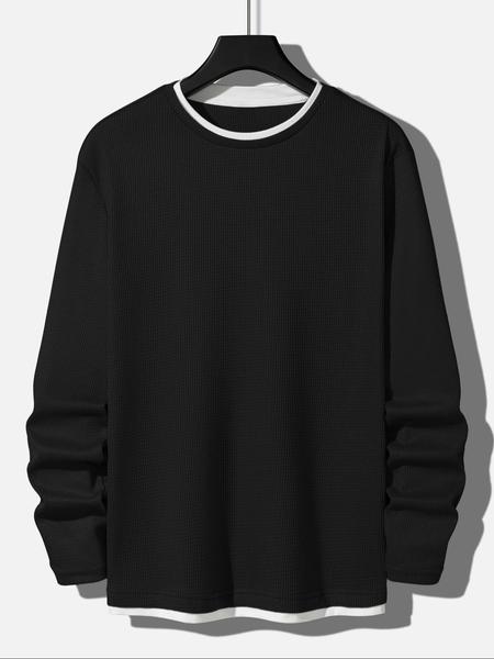 Men's Autumn Winter Long Sleeve Waffle Knit Crewneck T-Shirt, Casual Fitted Plain Top, Regular Fit Bottom Layer, Comfortable Daily Wear