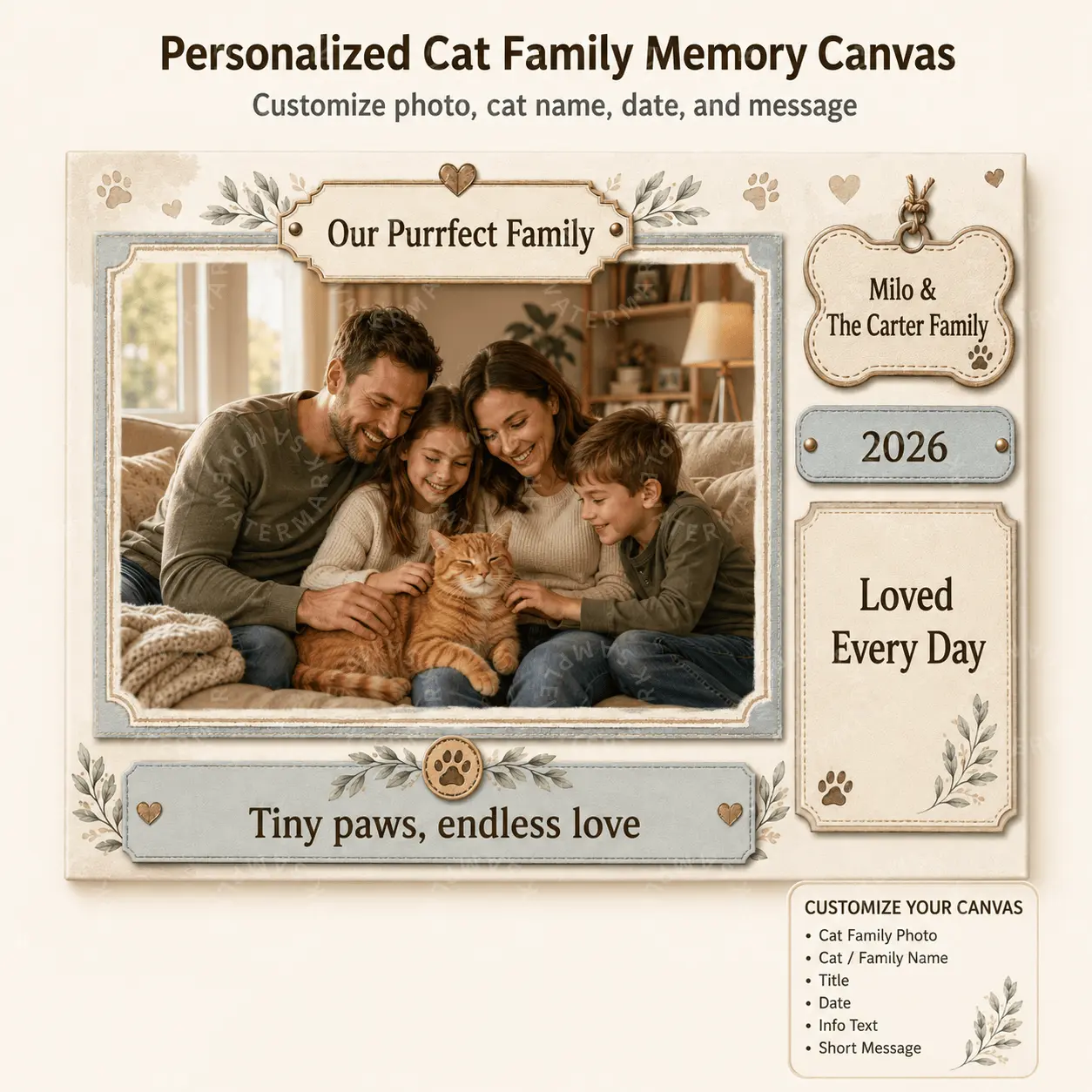 Personalized Cat Family Memory Canvas, Custom Photo Cat Name Date Message Wall Art, Warm Neutral Aesthetic Poster for Living Room Bedroom Decor, Pet Lover Gift, Family Keepsake Home Decor