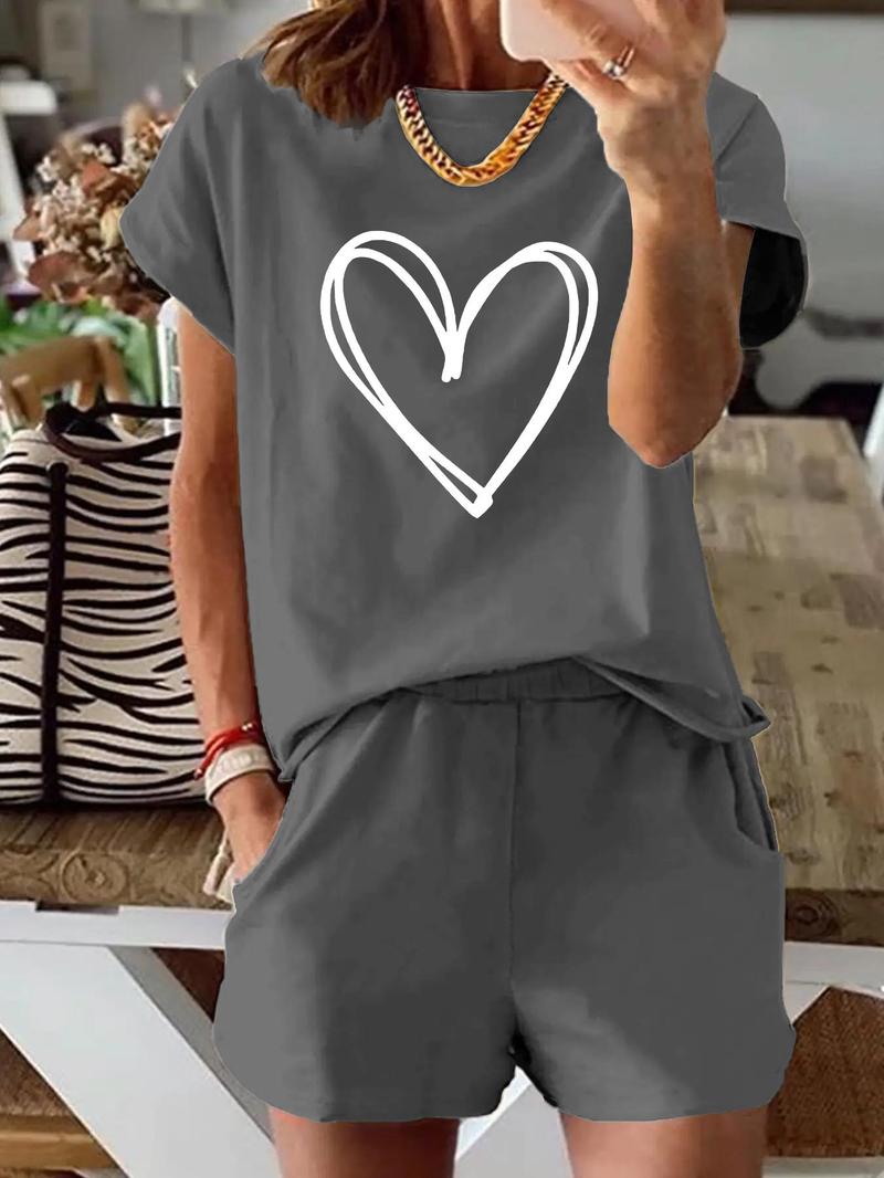 Two-Piece Set Women's Heart Print Tee & Shorts, Casual Shortsleeve Fitted T-shirt & Shorts for Daily Wear, Ladies Two-piece Matching Lounge Sets for Spring & Fall, Clothes
