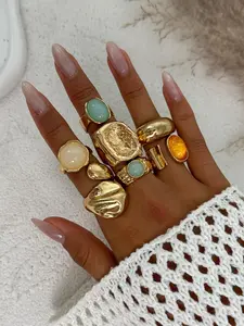 7 Pcs Vintage Fashion Geometric Design Jade Embedded Ring Set, Women's Metal Thick Rings, Daily and Party Jewelry Gift Set