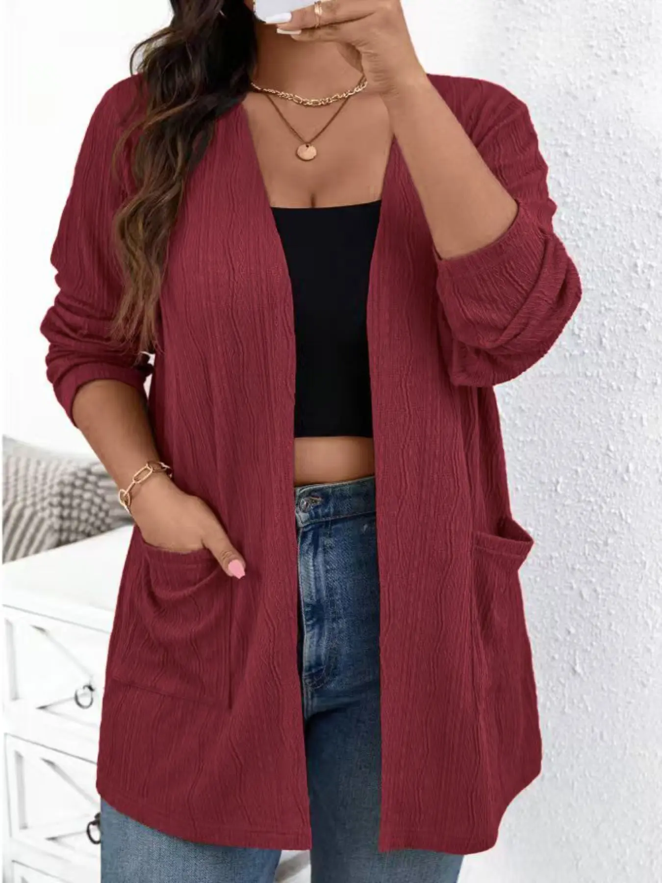 Plus Size Women's Lightweight Knit Cardigan Sweater, Casual Long Sleeve Drop Shoulder Design, All Seasons Wearable, Versatile Fashion Top, Knitwear, Garment