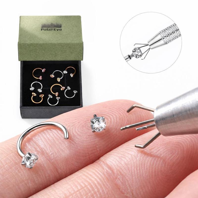 More size Nose Ring 20G 7mm/8mm Horseshoe Nose Hoop (Free Gem Picker Tool) Internally Threaded Gems Lightweight